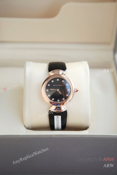 High Quality Replica BVLGARI Black Crocodile Leather Strap Black Face Dial 18K Rose Gold Case Watch 30mm